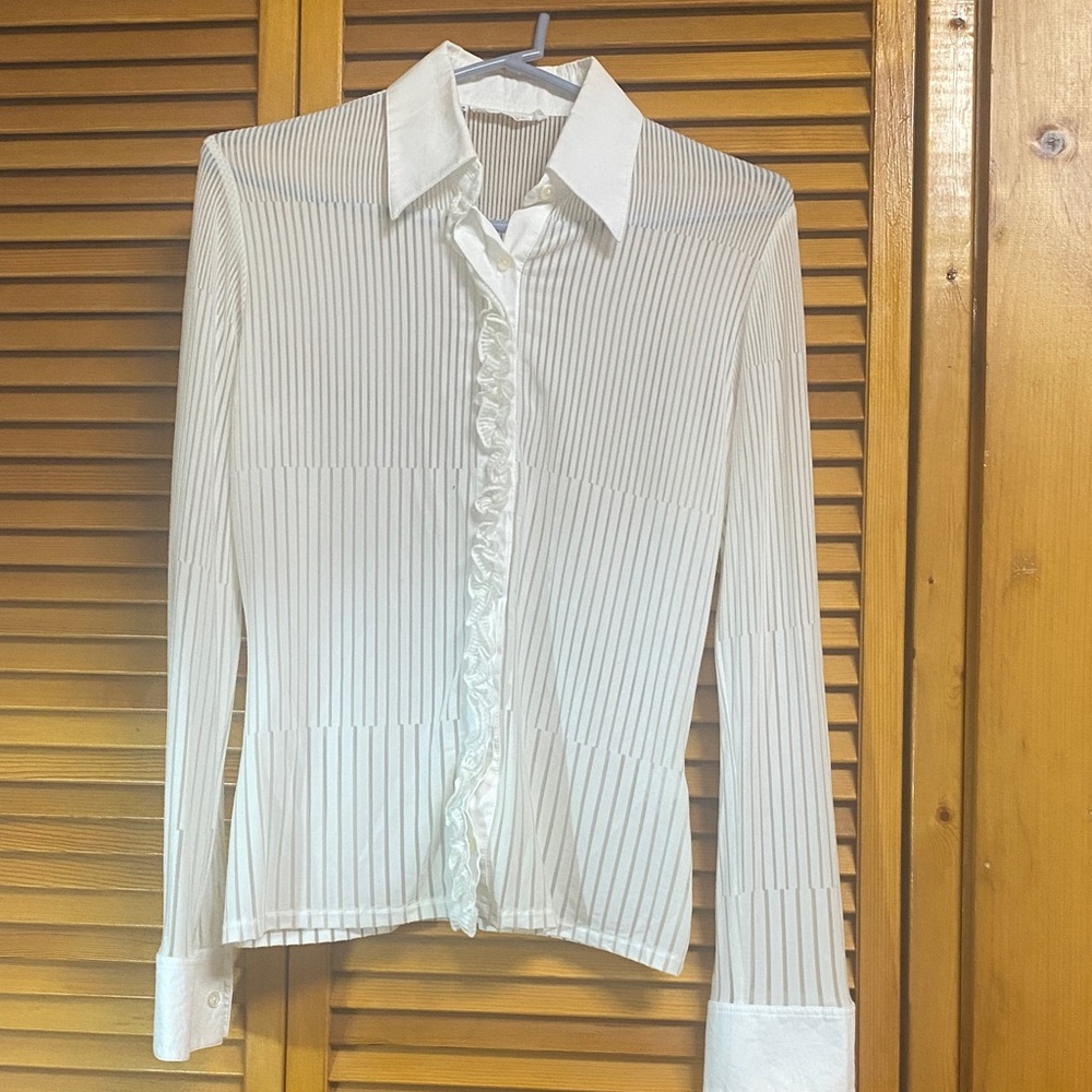 Chic White Striped Blouse long sleeves nice collar
